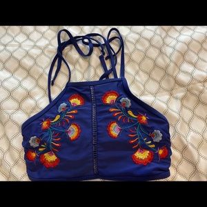 floral and royal blue bathing suit top